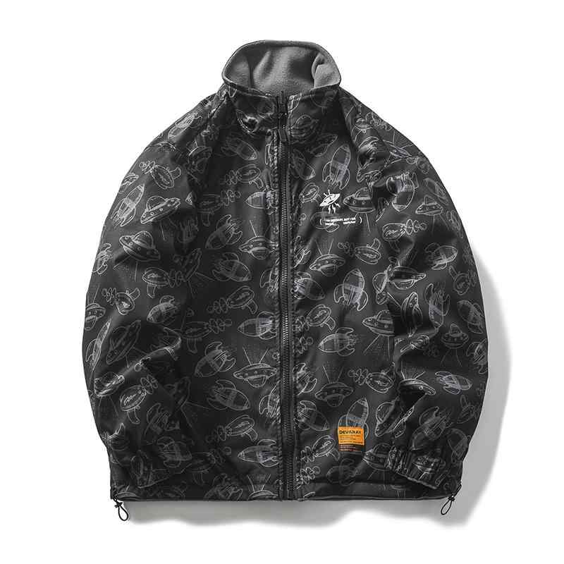 ジャケット メンズ カジュアル アメリカ 全面 プリント 空 飛ぶ 円盤 両面 フリース ベルベット 厚手