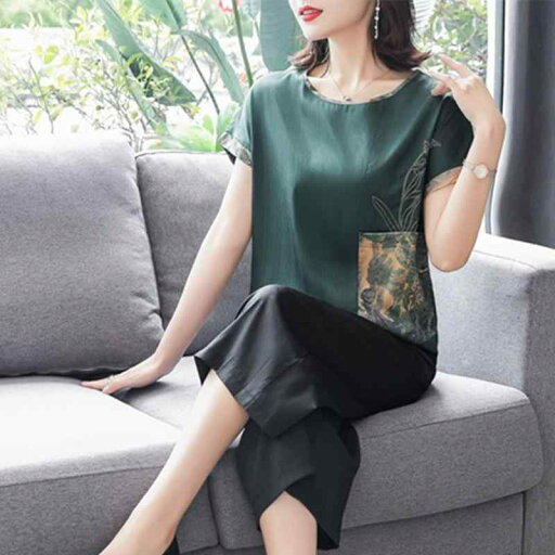 パンツ レディース ファッション ミセス 婦人服 マダム ワイド レッグ 2点 セット 夏 レトロ マザー スーツ 大きめ サイズ