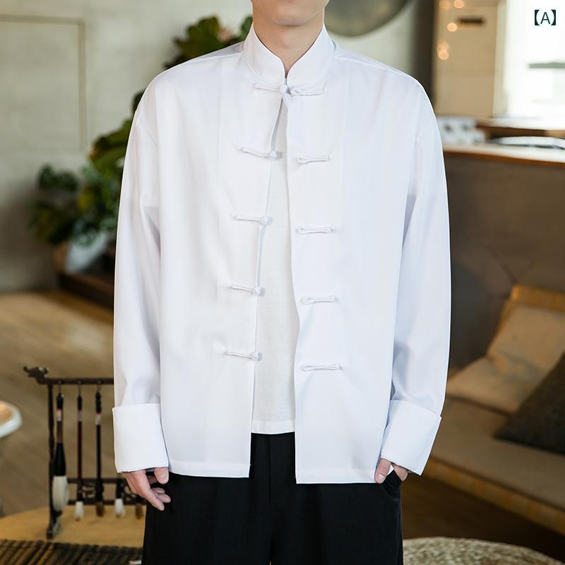 メンズ ファッション 涼しげ 長袖 唐 春秋 中国 ボタン アップ シャツ レトロ チャイナ風 漢服 瞑想 秋 サイドスリット