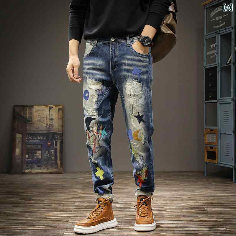 メンズ デニム ロングパンツ ジーンズ スリム カジュアル アメリカン ストリート おしゃれ かっこいい 履きやい 快適 イベント フェス レジャー アウトドア キャンプ ダンス パフォーマンス 仕事着