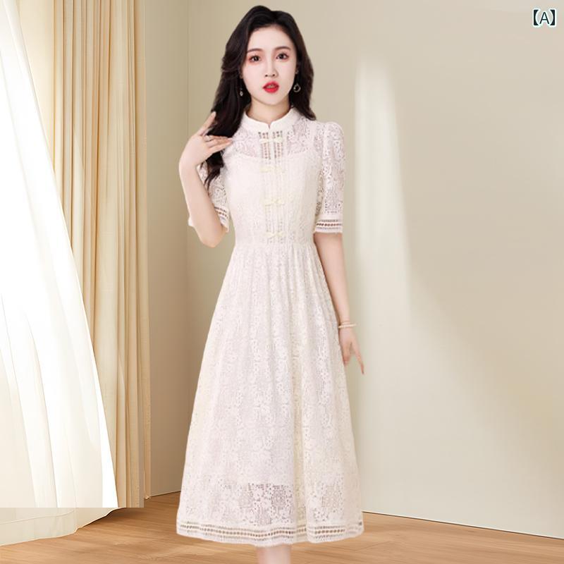 ワンピース レディース 夏 若見え 豪華感 白 エレガント チャイナ風 ドレス 透け感 ラグジュアリー