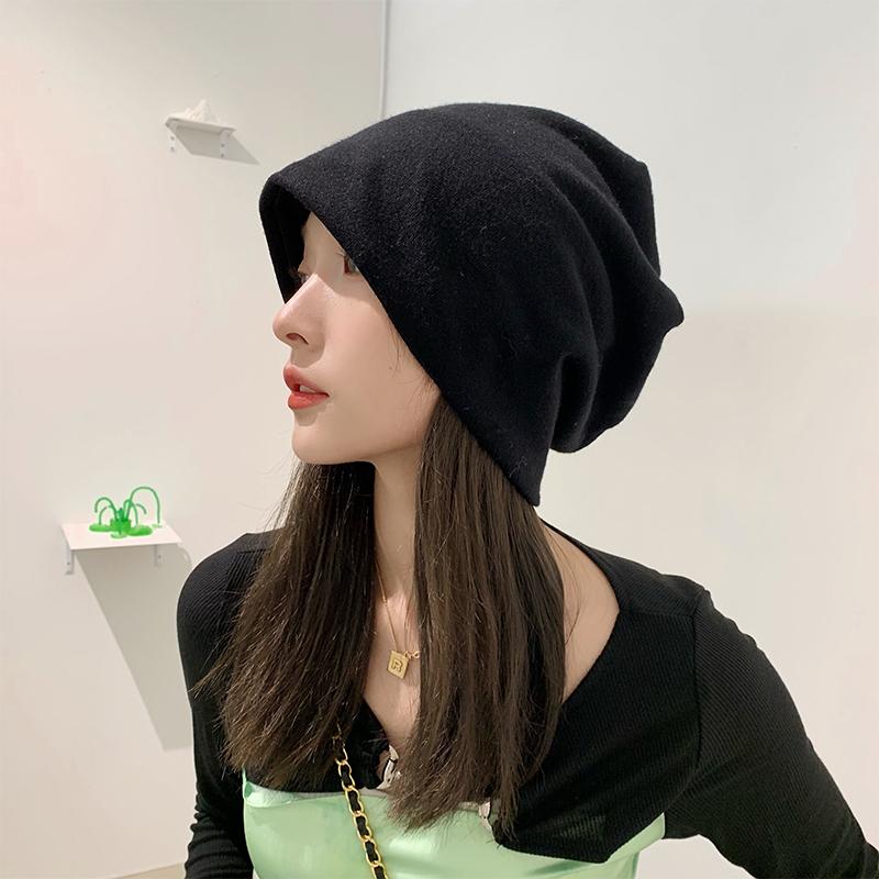 秋 冬 ニット ウール 帽 女性用 黒 パイル 帽子 和風 ネット 包頭 プルオーバー ハ...