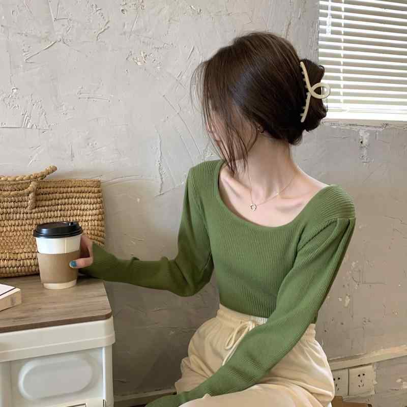 Square Neck - フランス 秋服 韓国 スリムフィット スクエアネックセーター レディース プルオーバー ガール レギュラー 長袖 ヘッジ