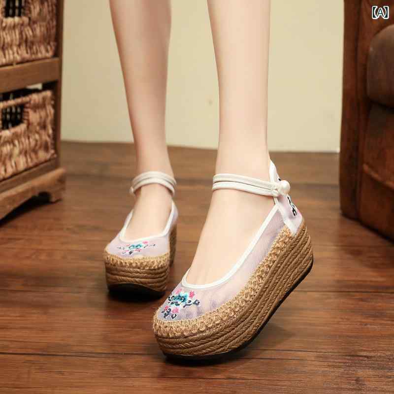 レディース パンプス おしゃれ エスニック メリージェーン 歩きやすい 布靴 女性用 厚底 刺繍 メッシュ サンダル ウェッジ ヒール 古風 アンティーク 漢服 靴