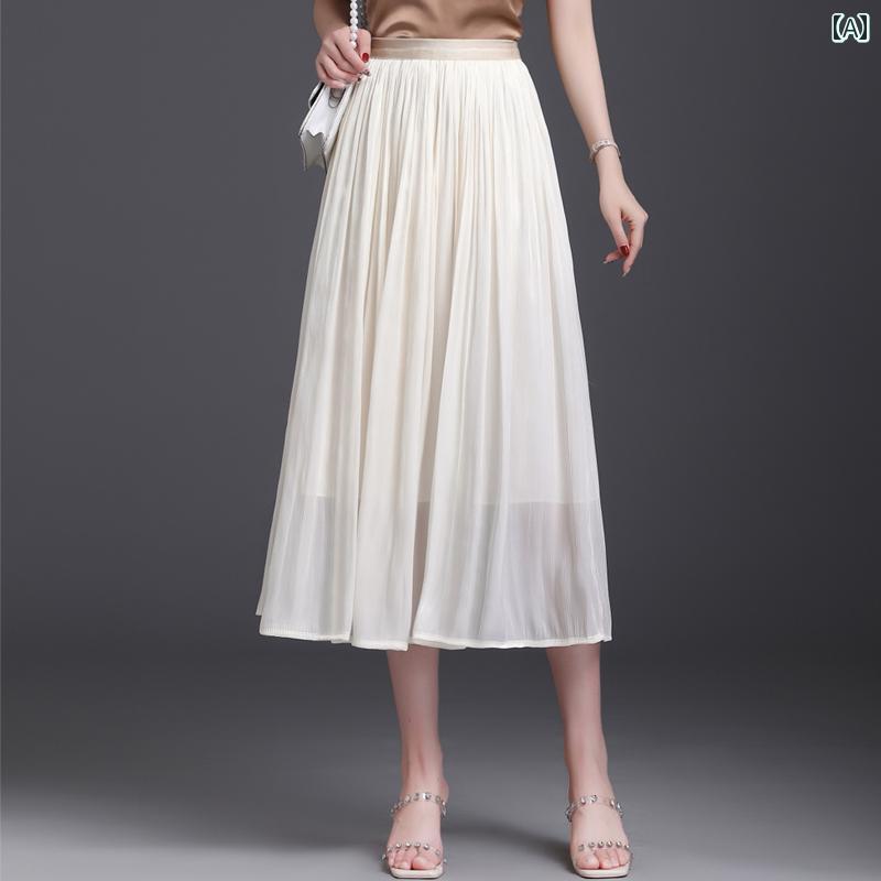 Rakuten - レディース 春秋 スリム プリーツスカート ロングスカート シフォン ハイウエスト 婦人服 エレガント 快適 ファッション シンプル エアリー
