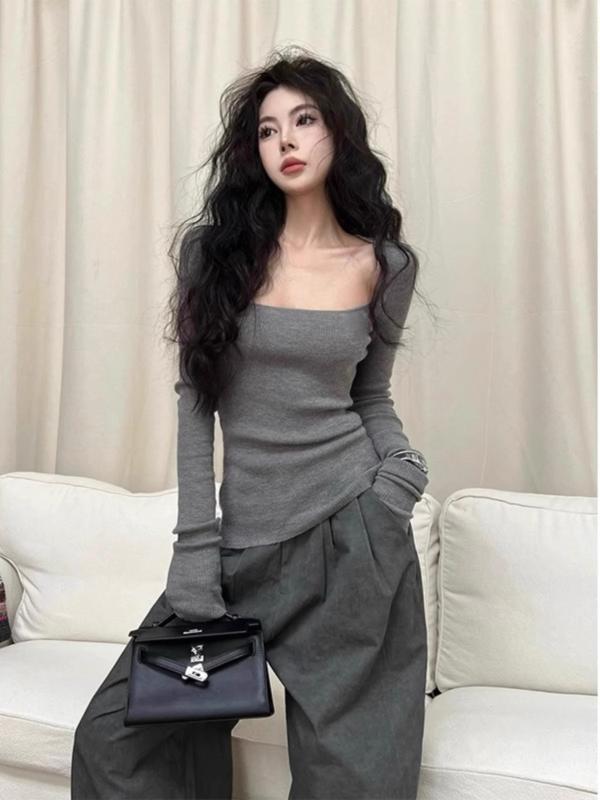 Square Neck - トップス レディース タイト インナーウェア スリムフィット 女性用 レトロ 露出 鎖骨 スクエアネック 長袖 セーター 秋冬 アメリカン スタイリッシュ ガール