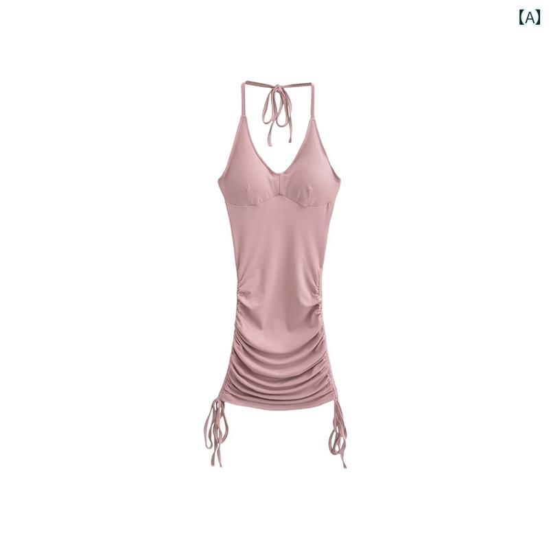 レディース ワンピース 魅惑的 長袖 T シャツ ドローストリング プリーツ パッド入り ホルターネック ヒップ ドレス セットが 含まれて