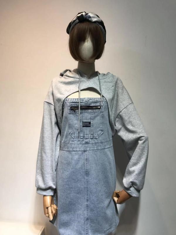 スカート レディース ファッション セットアップ スタイリッシュ デニム サスペンダー + ショート フード付き スウェットシャツ スリム 小さい スーツ
