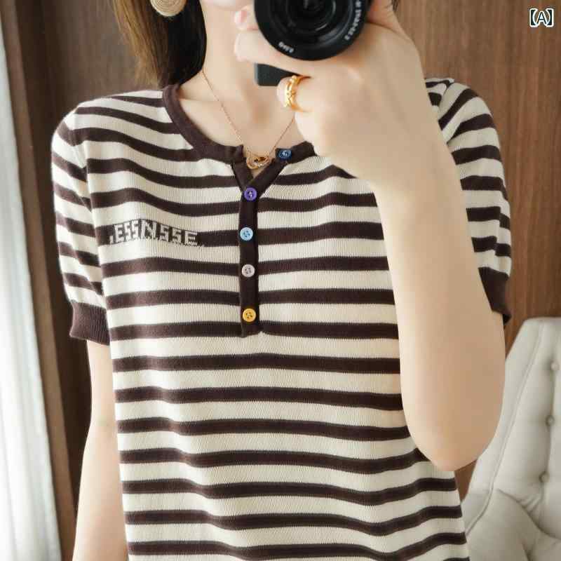 レディース カジュアル 夏 トップス おしゃれ ストライプ コットン 半袖 韓国 ニット T シャツ カラー ブロック リネン