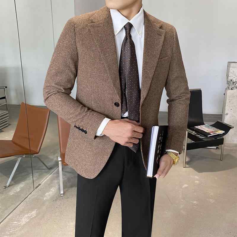 メンズ 秋 冬 カジュアル フォーマル ウール ブレザー ビジネス ウェア スリム 暖かい 英国 シングル スーツ チェック柄 トップス