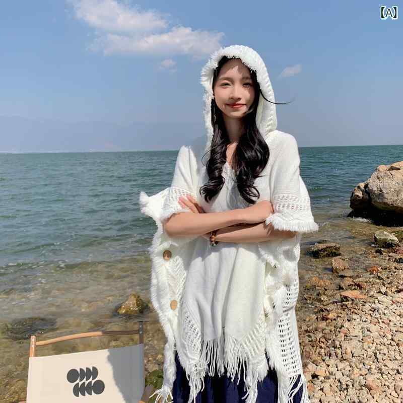 ショール ファッション アクセサリー マント ボヘミアン タッセル ニット フード 春夏 プルオーバー 旅..