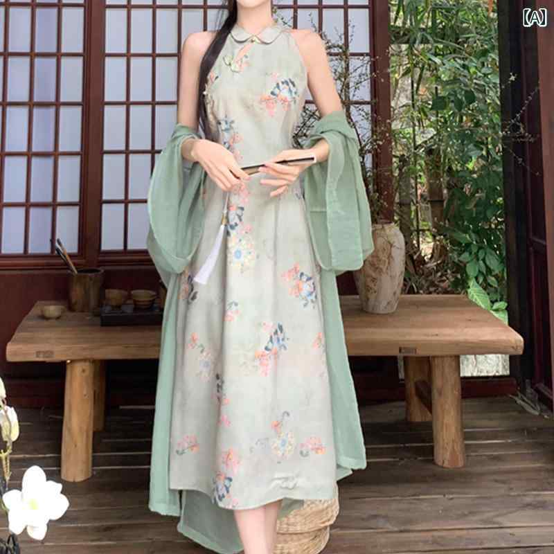 China Dress - レディース ファッション チャイナ風 チャイナドレス 夏 大きめサイズ 優しい ホルターネック ノースリーブ ドレス