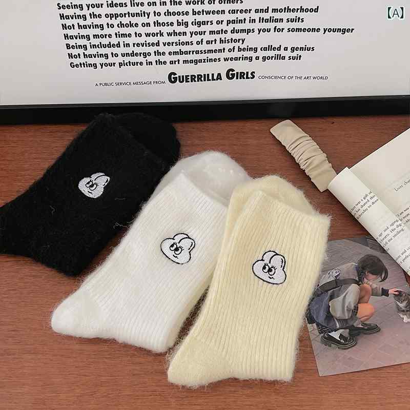 レディース 靴下 かわいい 刺繍 ぬいぐるみ レディース ミドル 綿 秋冬 厚手 暖かい 保温 ソックス
