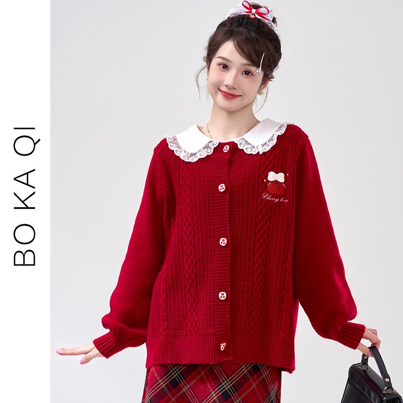 レディース ファッション 秋冬 ラウンドネック クリスマス 赤い セーター 女性 ガーリー カレッジ ルース チェリー カーディガン セーター
