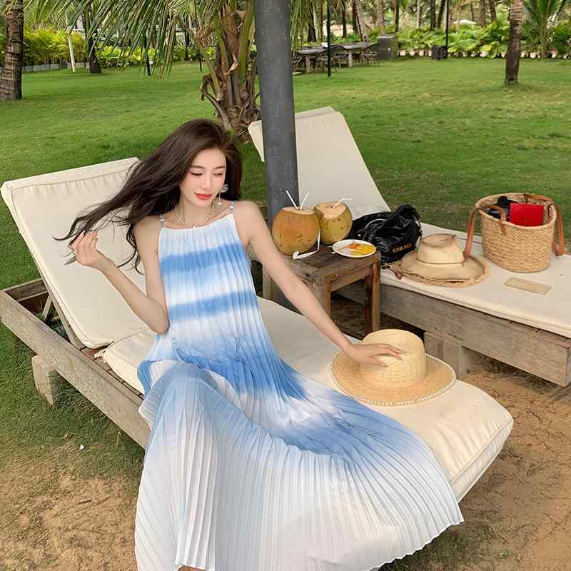レディース 夏 サスペンダー スカート ワンピース ビーチ 旅行 写真撮影 最適 美しい 休み プリーツ入り ゆったり 肌覆う ブルーグラデーション