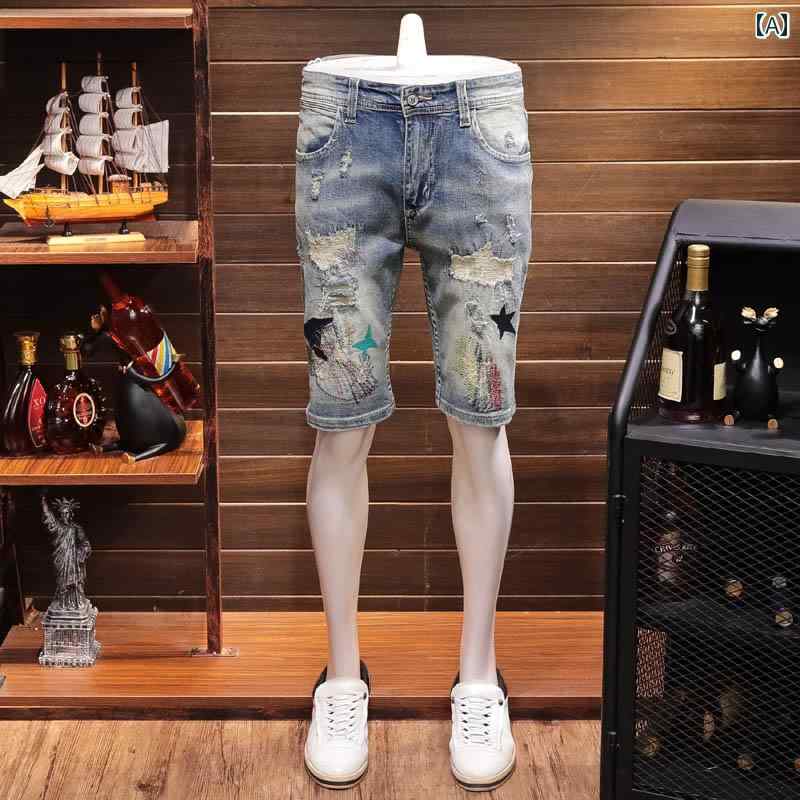 パンツ デニムパンツ メンズ ボトムス ズボン 夏 薄手 アメリカン 刺繍 デニムショートパンツ 七分 カジュアル ストレート スリム