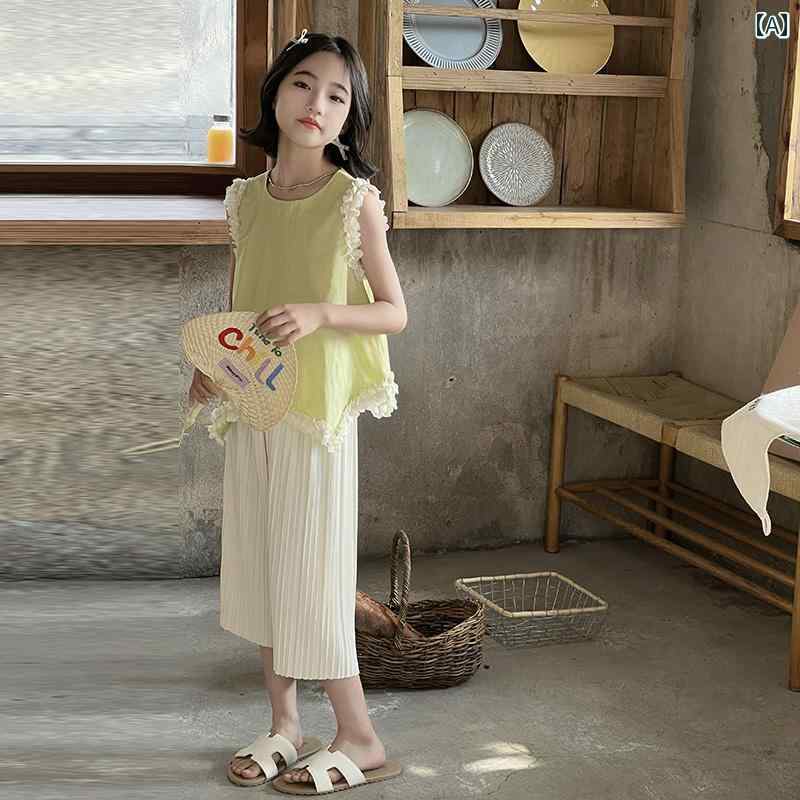 トップス パンツ 子供服 かわいい キッズ 幼児 セットアップ 女の子 スーツ 夏 子供 ノースリーブ レース ベスト ワイド レッグ 2点 セット 韓国 スタイル 西洋 スタイル