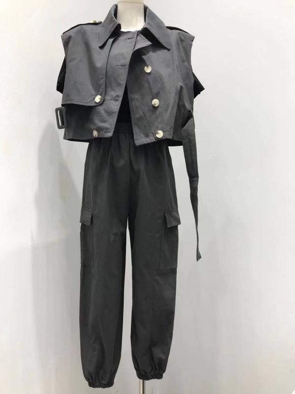 レディース ファッション セットアップ スタイリッシュ 韓国 ウインドブレーカー ベスト + 弾性 ウエスト オーバーオール ファッション カジュアル スーツ スリム(4)