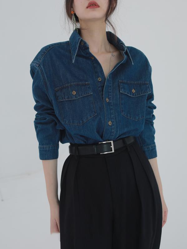 ジャケット レディース ファッション カジュアル 秋 レイ ヤード レトロ 小さい ポインテッドカラー ウォッシュデニム コットンシャツ ダーク ブルー 女性