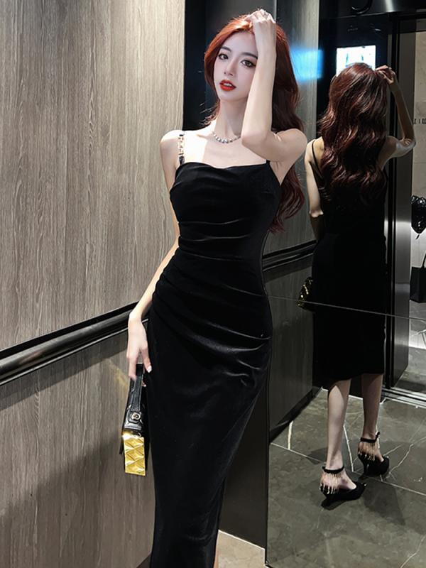 ドレス 秋 冬 フランス 社交家 スリット プリーツ ゴールド ベルベット サスペンダー 女性用