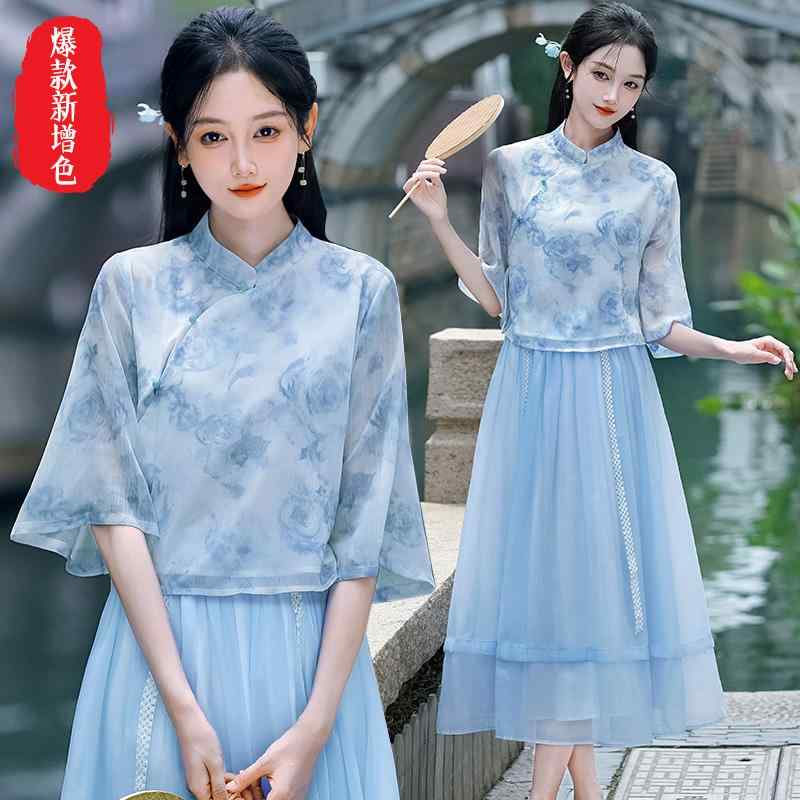 Chinese-style women's clothing, Hanbok suit, printed jacket, skirt, blouse, spring/summer outfit.