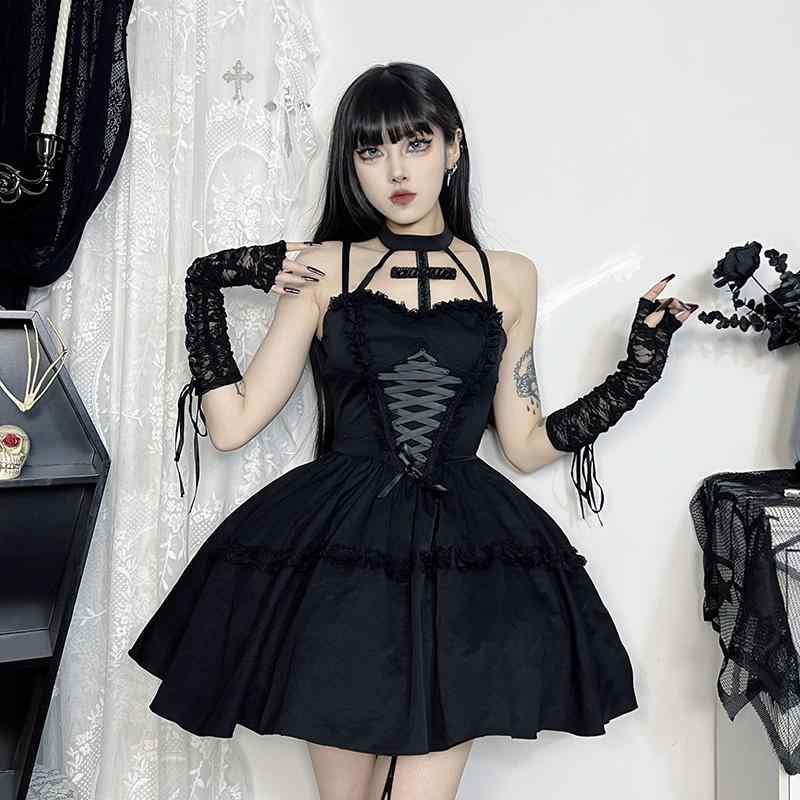 ワンピース ゴシック ハロウィン 衣装 レディース ロリータ クロス 十字 ホルターネック ドレス ミニスカート ブラック リボン ガーリー コスプレ メイド セクシー イベント