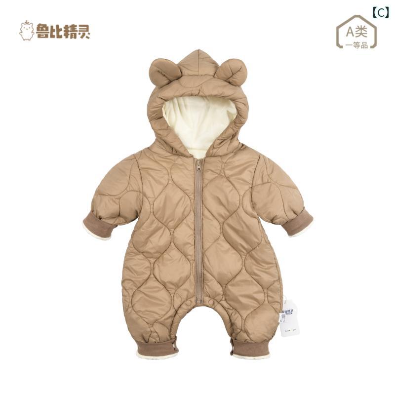 ロンパース かわいい 秋冬 ベビーかわいい ロンパース スーツ ベビー パッド入り ジャンプ スーツ ベルベット 肥厚 カドラー 暖かさ 保つ 綿服 3