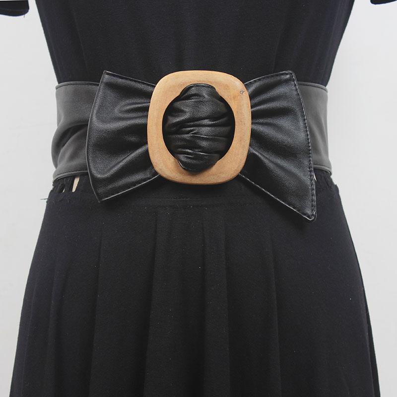 シンプル レトロ 木 バックル レディース ドレス スーツ ジャケット イミテーション レザー ウエスト バンド 幅広 ガードル ベルト