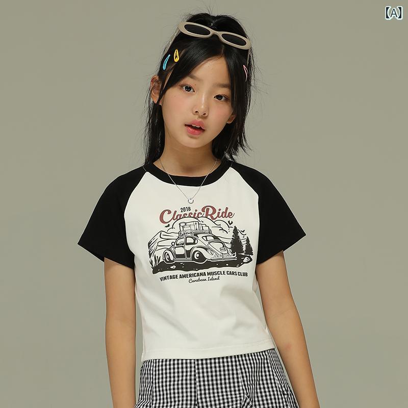 トップス Tシャツ キッズ おしゃれ ナチュラル 小さい 女の子 夏 薄手 レトロ プリント カラー ブロック 大きい 子供用 ラウンドネック ショート ラグランスリーブ