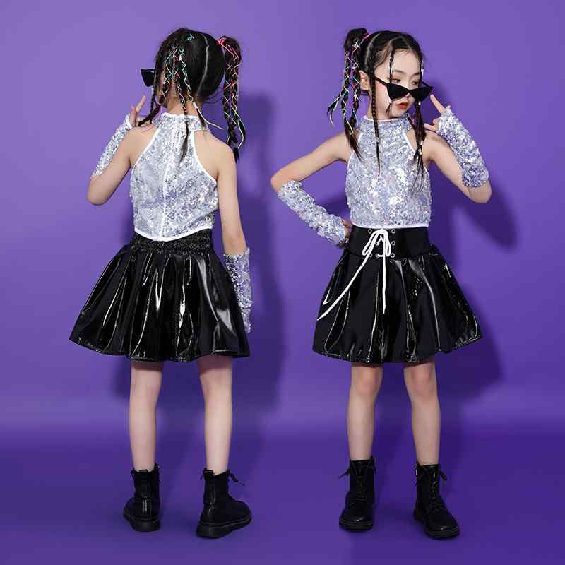 子供服 女の子 Tシャツ タンクトップ へそ出し ミニスカート チアリーディング コスチューム バンド ダンス ヒップホップ ストリート系 パフォーマンス 衣装 セットアップ クール かっこいい キッズ