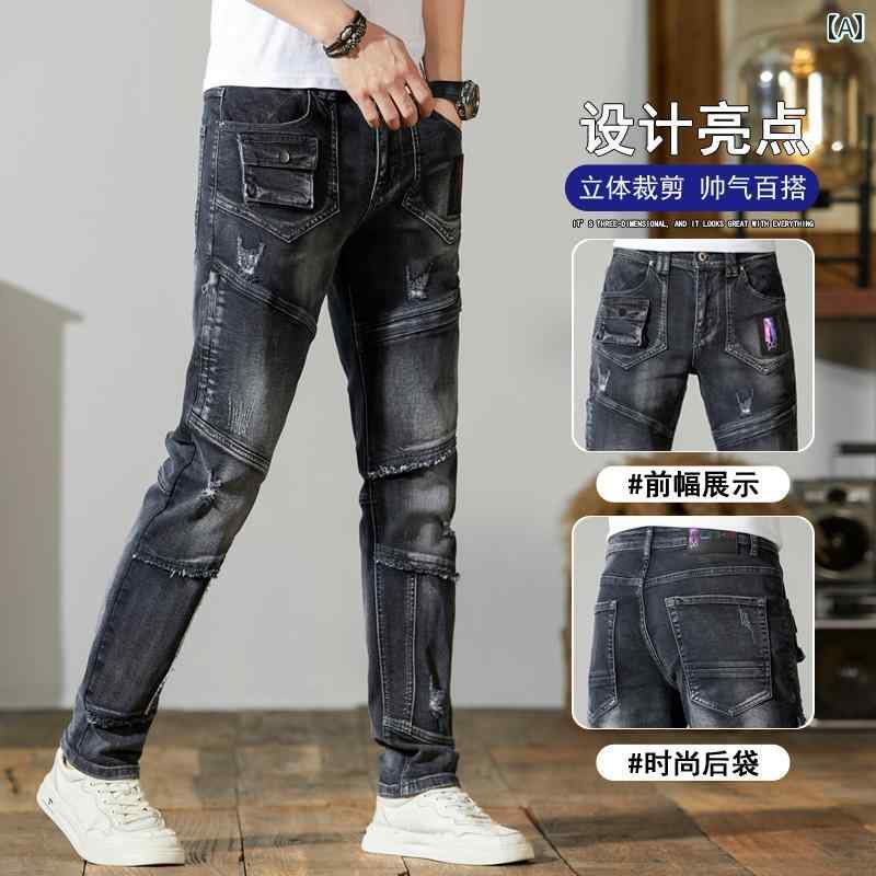 Skinney Pants - デニムパンツ アメリカン レトロ リップド ジーンズ メンズ スリム ストレート 快適 ストリート ロング パンツ ストレッチ パッチワーク風