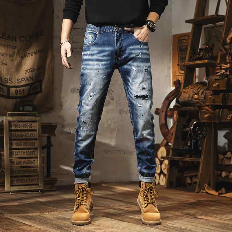 Skinney Pants - デニムパンツ カジュアル 春 ウォッシュ ホール パッチ ペイント 弾性 スリム ストレート スキニー ストレート ブルー デニムロングパンツ メンズ