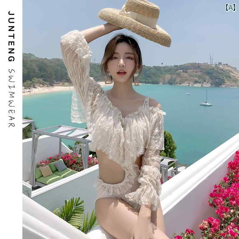 Rakuten - レディース 夏 水着 おしゃれ リゾート プール ビーチ 韓国 ライト 高級感 ヌード レース ワンピース 小胸 プッシュアップ 長袖 お腹 カバー 着痩せ 温泉 海水浴