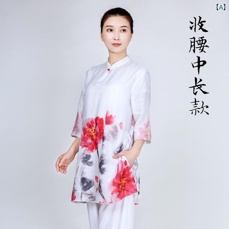 レディース 夏 太極拳 スーツ 体操服 武術 武道着 トレーニング ウェア マーサージ師 ユニホーム 服 ハイエンド 綿 リネン ラミー 練習 西洋(4.0)