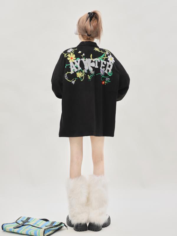 Women's Clothing - トップス ジャケット 上着 レディース おしゃれ かわいい ブラック 春秋 黒 バック 花柄 刺繍 ゆったり ポロ襟 長袖 シングルブレスト