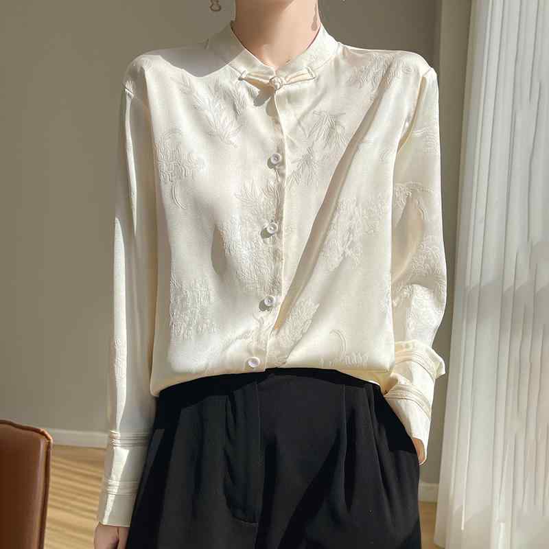 トップス シャツ レディース カジュアル おしゃれ 中華風 女性 軽量 長袖 ボタン アセテート サテン ジャカード スタンドカラー カーディガン