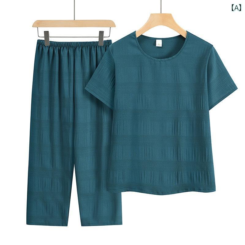 婦人服 母 春夏 綿麻 薄手 上下 二点 セット 半袖 服 ルームウェア ゆったり ラクちん パジャマ Tシャツ 部屋着 ズボン トップス ユニセックス ウエストゴム 大きめサイズ 無地 しわ加工