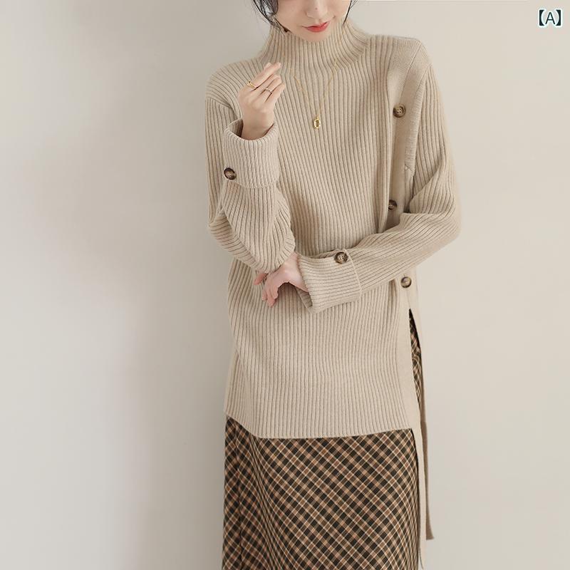 Turtleneck - レディース 長袖 おしゃれ リボン タートルネック セーター 秋冬 不規則 ボタン ロール スリーブ インナー