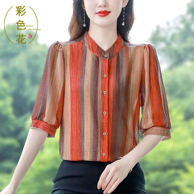 シャツ トップス シャツ レディース ブラウス おしゃれ マザーズ 婦人服 普段使い 夏 レディース ミッド スリーブ ストライプ プリント マザーズ 大きいサイズ 若々しい シフォンシャツ