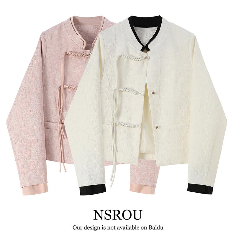 コート トップス レディース ファッション 白 中華風 プレート ボタン ステッチ ラウンドネック ショート 女性 春秋 中華風 長袖 スーツ