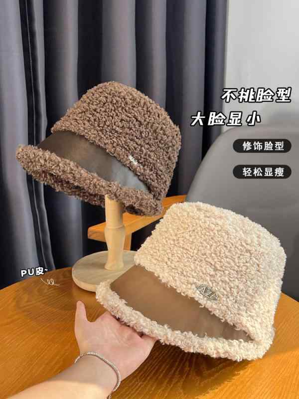 秋 冬 ウール 女性用 ラム フィッシャーマン ハット 韓国 小さい PU レザー バケット ハット 肥厚 暖かく 耐寒性 洗面用