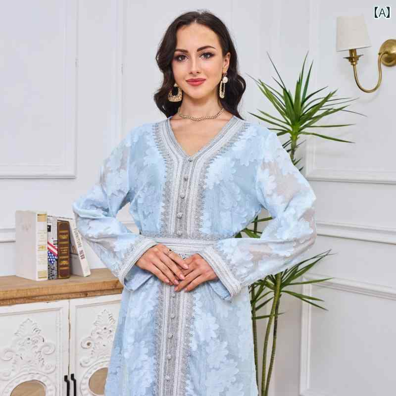 レディース エスニック ワンピース 体型カバー エレガント ロング スカート 長袖 V ネック ドレス 中東 ジャカード ホット シルバーレース