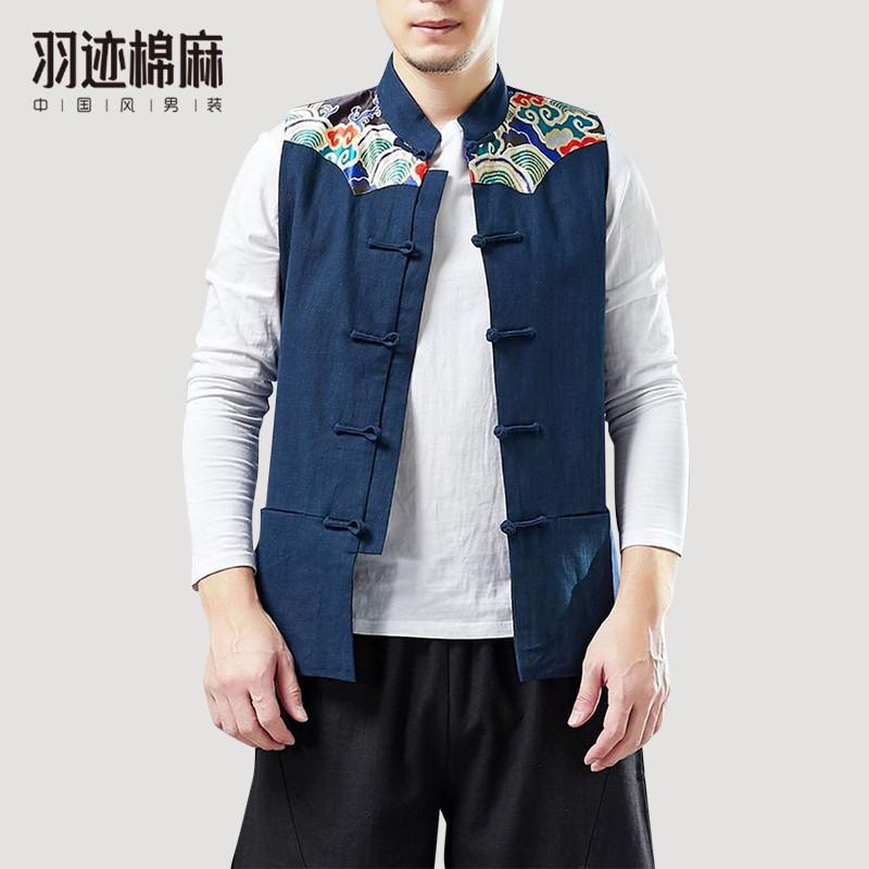 メンズ 中華風 唐装 ベスト 綿 リネン チョッキ レトロ プリント スプライシング 中華風 マンダリン カ..