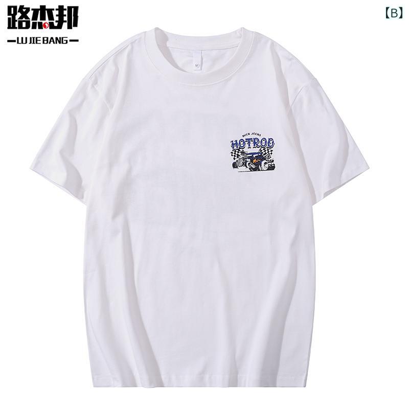 メンズ Tシャツ 半袖 夏 トップス レトロ ラウンドネック 丸首 ゆったり 前後プリント バックプリント 綿 コットン 通気性 ノーアイロン カジュアル 黒 白 赤 レトロレッド 大きめサイズ メンズ