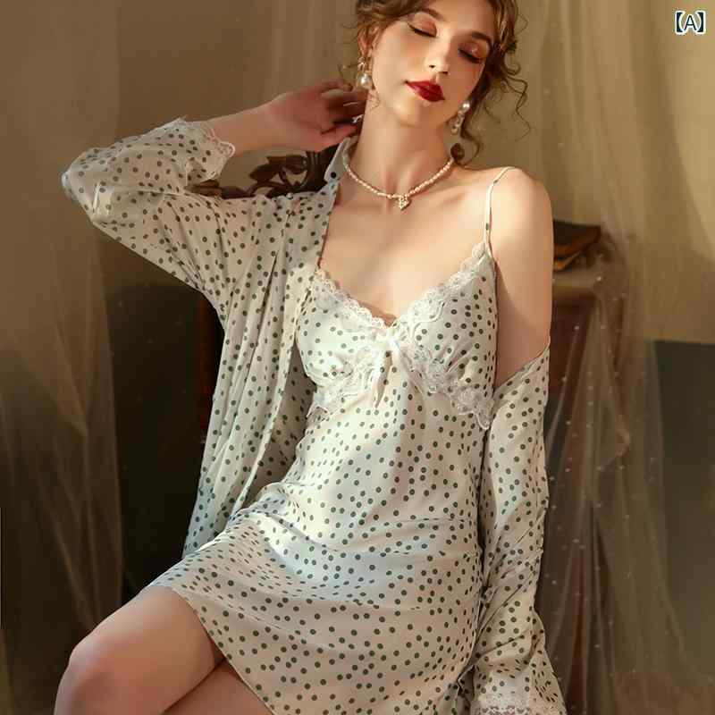 ランジェリー パジャマ ベビードール ナイトウェア キャミソール レディース サスペンダー ナイトガウン 夏 パッド入り 2点 セット セクシー 春秋 涼しげ 豪華感 ドット柄