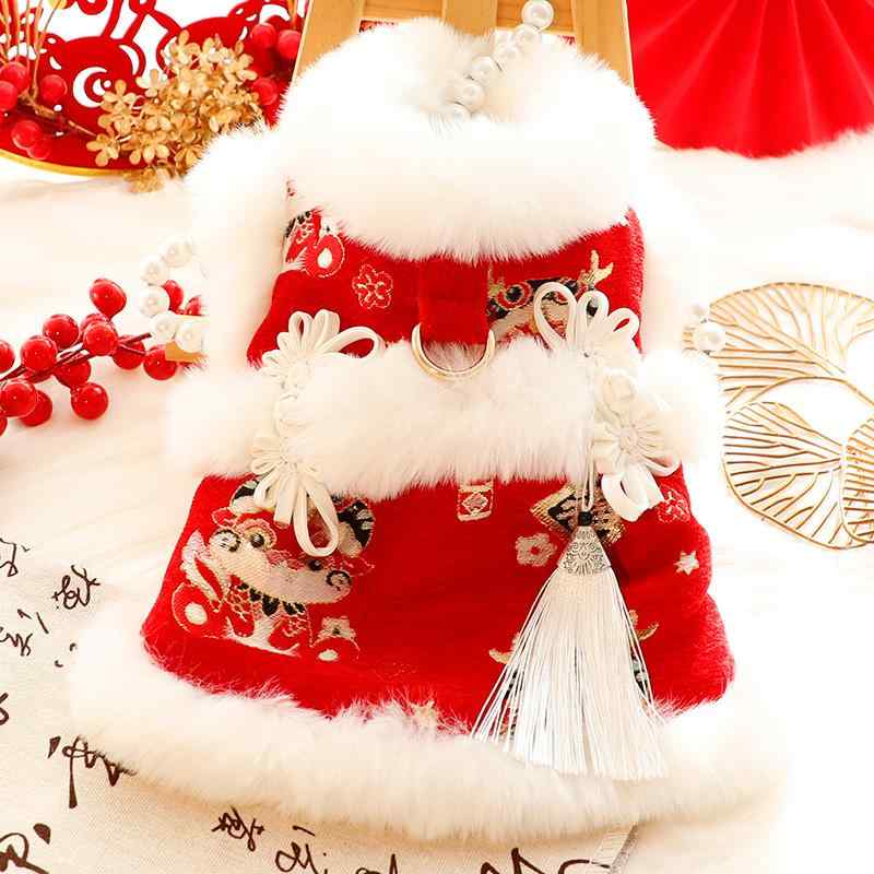 犬服 秋冬 厚手 猫 プリンセス 新年 唐 スーツお祝い 牽引 小型 犬 テディ ペット ファー レッド ピンク オレンジ 衣装