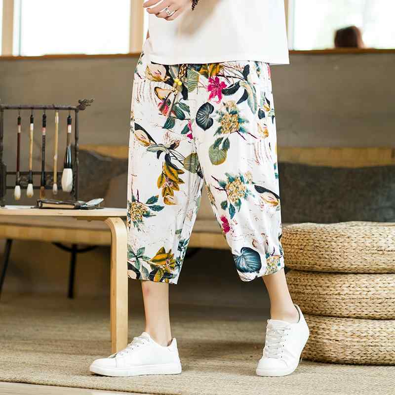 パンツ メンズ ズボン ゆったり サマー カジュアル 快適 中華風 クロップド 夏 薄手 プリント ショート ワイド レッグ 7セント