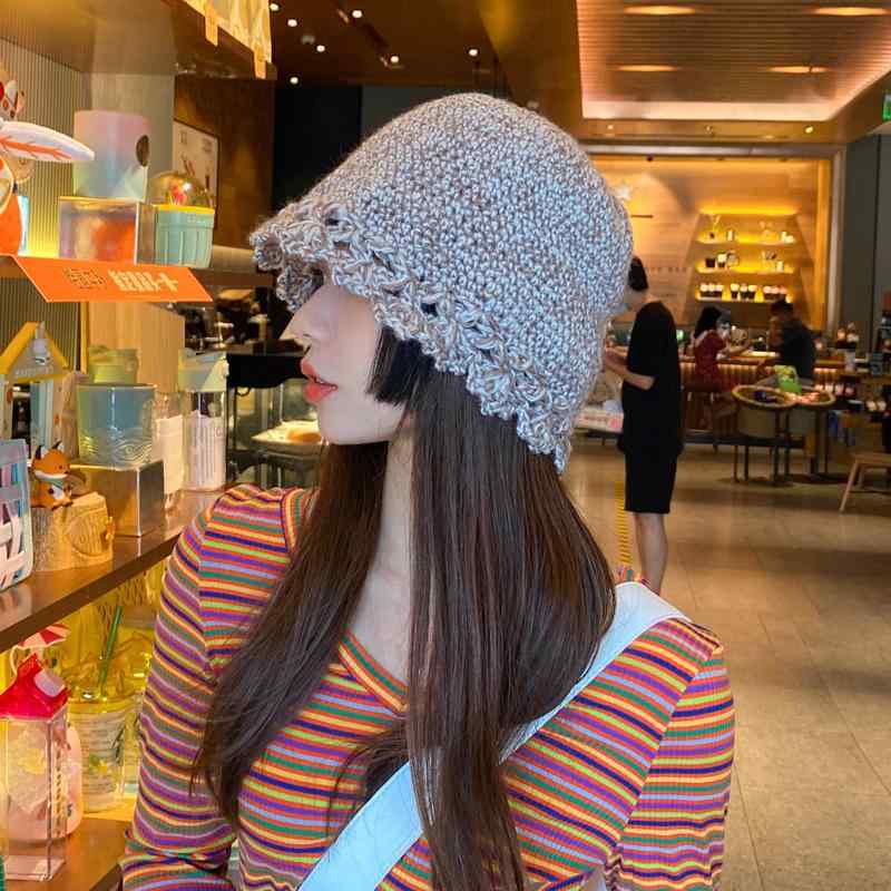 レディース 秋 冬 ニット ウール 帽子 ミックス カラー バケット ハット 韓国 バケット ハット 釣り帽子