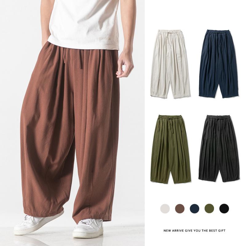 メンズ パンツ ズボン 中国風ファッション チャイナ風 軽量 通気性 リネン パンツ 夏 パンツ ストレート ワイドレッグ パンツ 綿 リネン カジュアルパンツ
