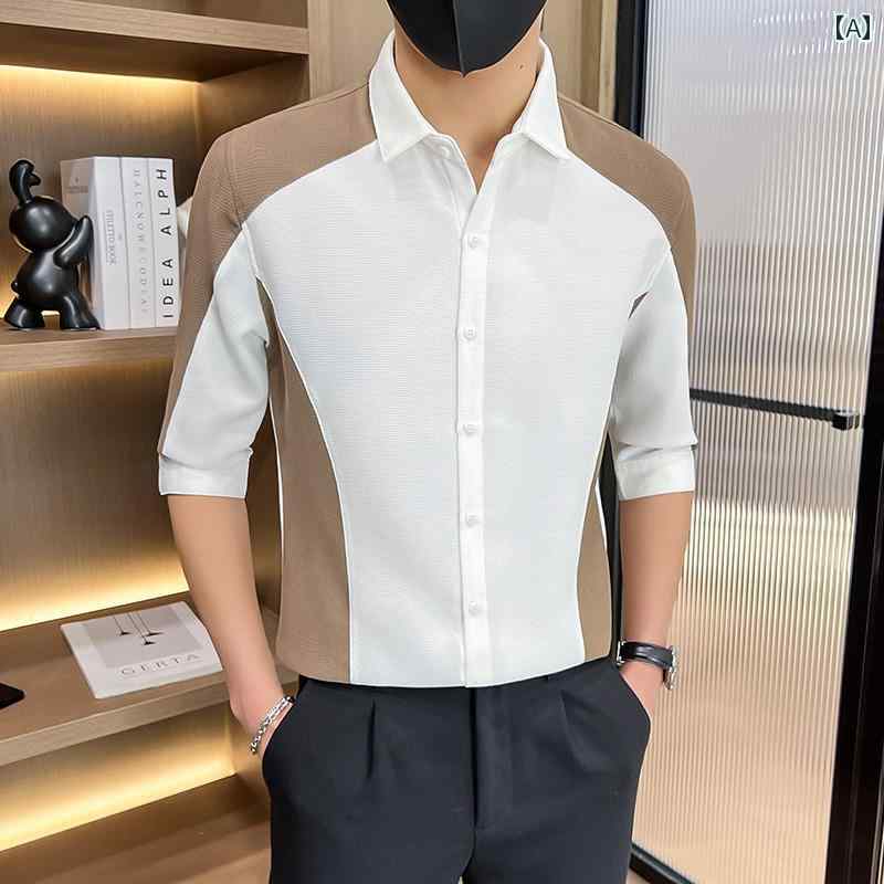 メンズ シャツ トップス Yシャツ 夏 五分袖 スタイリッシュ アーバン スリム クール オフィス 休日 紳士服(4)